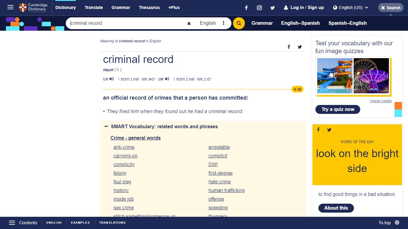 CRIMINAL RECORD | definition in the Cambridge English Dictionary